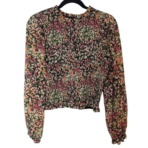 DEX Women's Floral Chiffon Smocked Long Sleeve Blouse-Size Medium - Picture 2 of 10